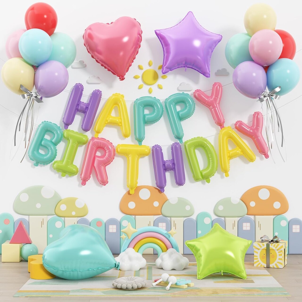 29PC Pastel Rainbow Happy Birthday Balloon Set – 16" Foil Letter Banner with Macaron Latex Balloons, 18" Star & Heart Foil Balloons – Colorful Birthday Decorations for Girls, Women, Kids & Party Themes (Macaron Rainbow)